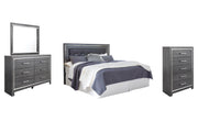 Lodanna King/California King Upholstered Panel Headboard Bed with Mirrored Dresser and Chest in Gray - PKG003494