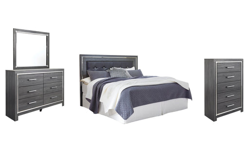 Lodanna King/California King Upholstered Panel Headboard Bed with Mirrored Dresser and Chest in Gray - PKG003494