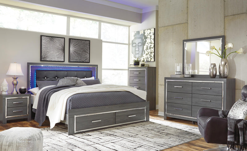 Lodanna King Panel Bed with 2 Storage Drawers, Dresser, Mirror and 2 Nightstands in Gray - PKG003590