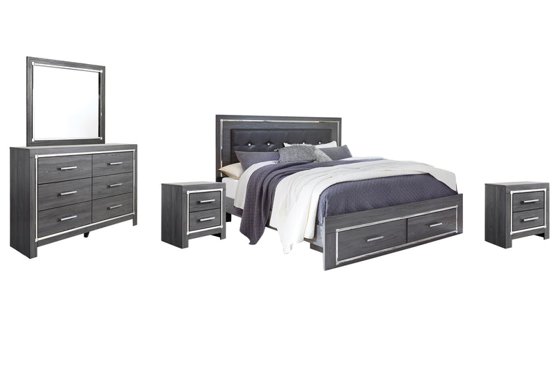 Lodanna King Panel Bed with 2 Storage Drawers with Mirrored Dresser and 2 Nightstands in Gray - PKG003568