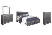 Lodanna King Panel Bed with 2 Storage Drawers with Mirrored Dresser and Chest in Gray - PKG003591