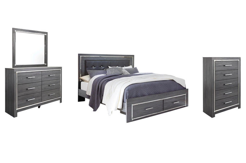 Lodanna King Panel Bed with 2 Storage Drawers with Mirrored Dresser and Chest in Gray - PKG003591