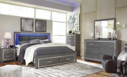 Lodanna King Panel Bed with 2 Storage Drawers with Mirrored Dresser and Chest in Gray - PKG003591