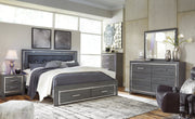 Lodanna King Panel Bed with 2 Storage Drawers with Mirrored Dresser, Chest and 2 Nightstands in Gray - PKG003577