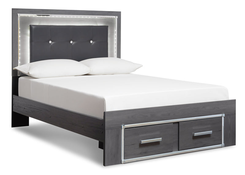Lodanna King Panel Bed with 2 Storage Drawers with Mirrored Dresser, Chest and 2 Nightstands in Gray - PKG003577