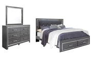 Lodanna King Panel Bed with 2 Storage Drawers with Mirrored Dresser in Gray - PKG003566