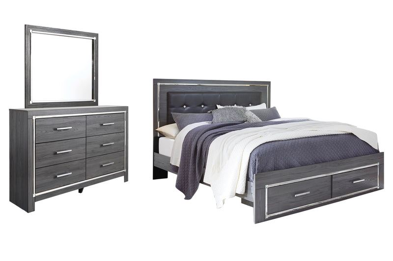 Lodanna King Panel Bed with 2 Storage Drawers with Mirrored Dresser in Gray - PKG003566