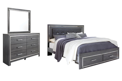 Lodanna King Panel Bed with 2 Storage Drawers with Mirrored Dresser in Gray - PKG003566