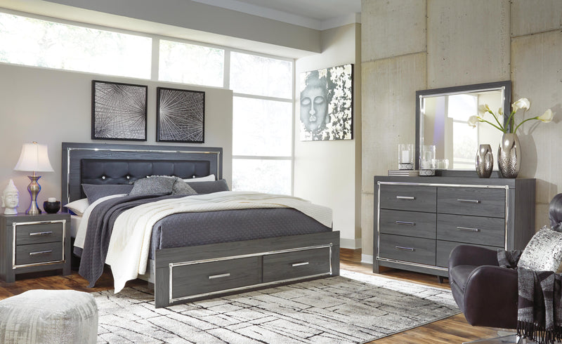 Lodanna King Panel Bed with 2 Storage Drawers with Mirrored Dresser in Gray - PKG003566