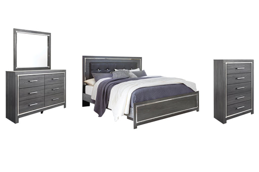 Lodanna King Panel Bed with Mirrored Dresser and Chest in Gray - PKG003549