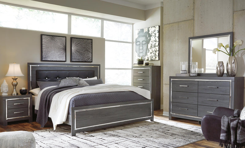 Lodanna King Panel Bed with Mirrored Dresser and Chest in Gray - PKG003549