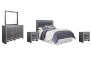 Lodanna Queen/Full Upholstered Panel Headboard Bed with Mirrored Dresser and 2 Nightstands in Gray - PKG003487