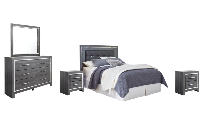 Lodanna Queen/Full Upholstered Panel Headboard Bed with Mirrored Dresser and 2 Nightstands in Gray - PKG003487