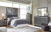 Lodanna Queen/Full Upholstered Panel Headboard Bed with Mirrored Dresser and 2 Nightstands in Gray - PKG003487