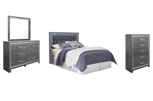 Lodanna Queen/Full Upholstered Panel Headboard Bed with Mirrored Dresser and Chest in Gray - PKG003488