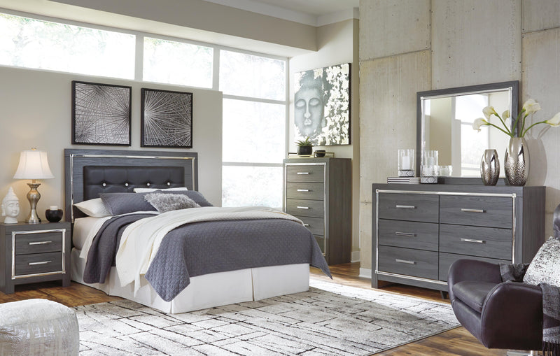 Lodanna Queen/Full Upholstered Panel Headboard Bed with Mirrored Dresser and Chest in Gray - PKG003488