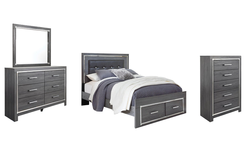 Lodanna Queen Panel Bed with 2 Storage Drawers, Dresser, Mirror and 2 Nightstands in Gray - PKG003584