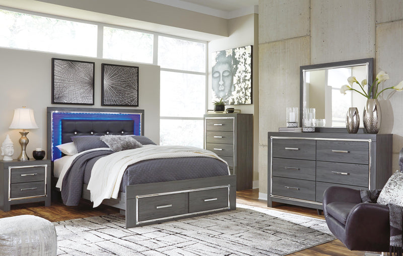 Lodanna Queen Panel Bed with 2 Storage Drawers, Dresser, Mirror and 2 Nightstands in Gray - PKG003584