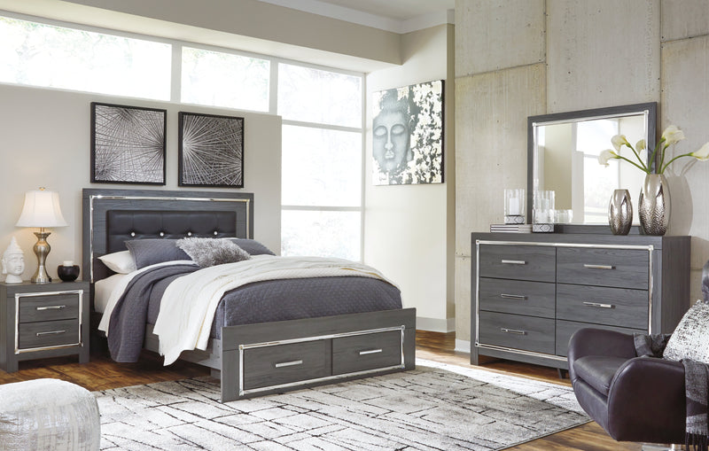 Lodanna Queen Panel Bed with 2 Storage Drawers with Mirrored Dresser and 2 Nightstands in Gray - PKG003602