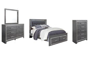 Lodanna Queen Panel Bed with 2 Storage Drawers with Mirrored Dresser and Chest in Gray - PKG003603