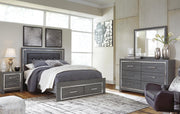 Lodanna Queen Panel Bed with 2 Storage Drawers with Mirrored Dresser and Chest in Gray - PKG003603