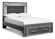 Lodanna Queen Panel Bed with 2 Storage Drawers with Mirrored Dresser and Chest in Gray - PKG003603