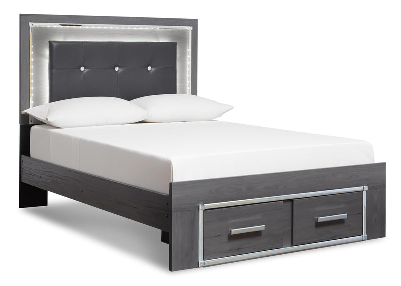 Lodanna Queen Panel Bed with 2 Storage Drawers with Mirrored Dresser and Chest in Gray - PKG003603