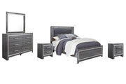 Lodanna Queen Panel Bed with Mirrored Dresser and 2 Nightstands in Gray - PKG003596