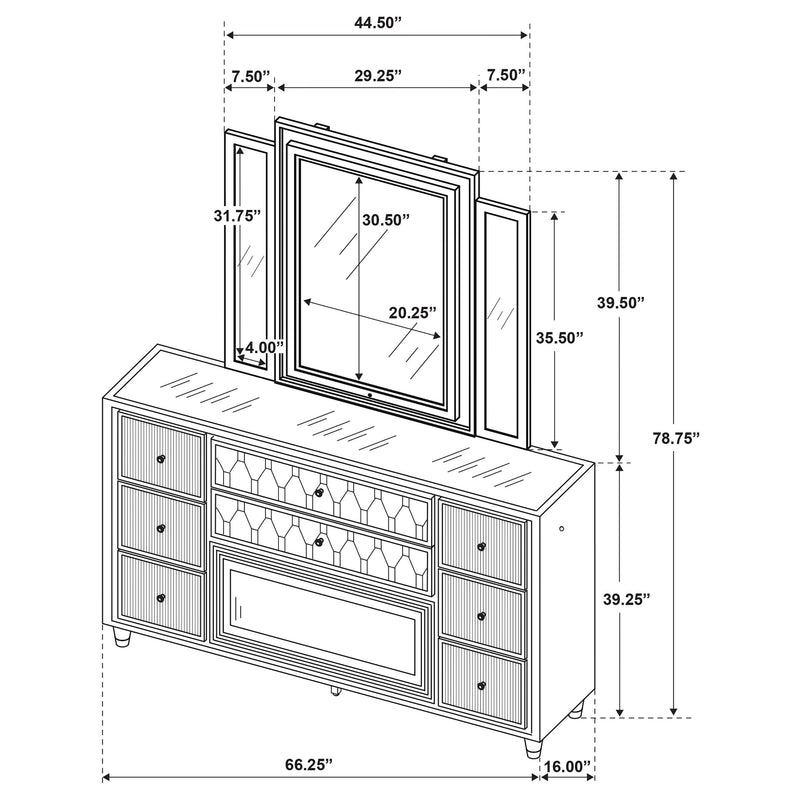 Lorient 8-drawer LED Flame Box Dresser and Mirror Ivory Camel - 222663FBM