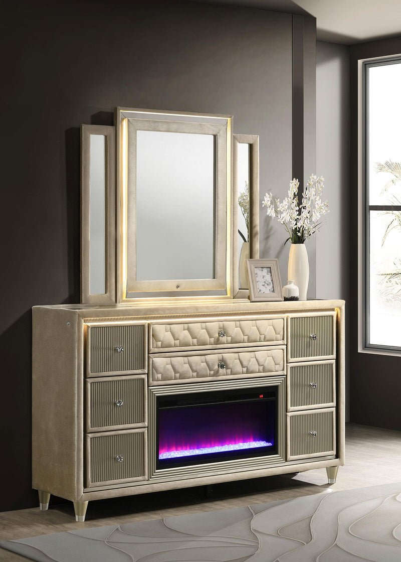 Lorient 8-drawer LED Flame Box Dresser and Mirror Ivory Camel - 222663FBM