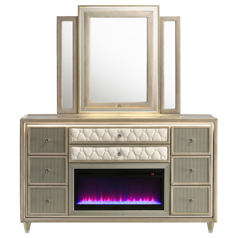 Lorient 8-drawer LED Flame Box Dresser and Mirror Ivory Camel - 222663FBM