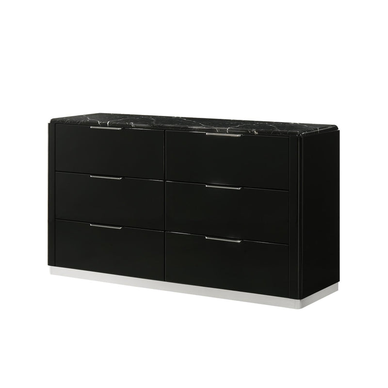 Lucia - 6 Drawers Black Dresser with Faux Marble Top - B241-D