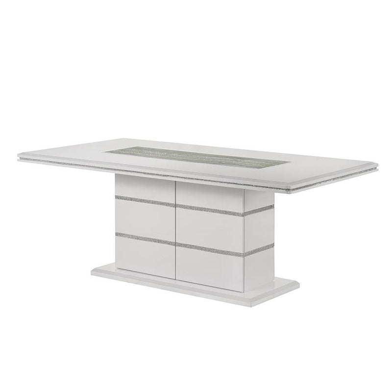 Lucia - White Dining Table with Crystal-Accent Details, Glass Insert Top, and Storage Base - D200-Table
