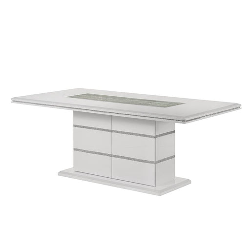 Lucia - White Dining Table with Crystal-Accent Details, Glass Insert Top, and Storage Base - D200-Table
