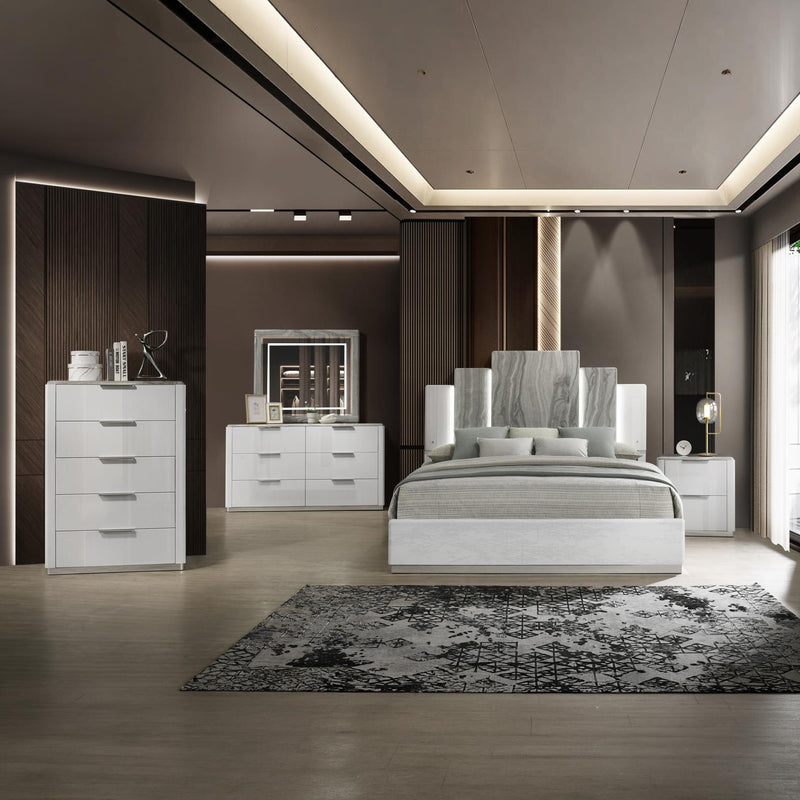 Lucia - White Queen Bed, Dresser, Mirror, Nightstand - B242-QDMN