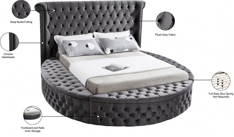 Luxus Velvet Queen Bed (3 Boxes) in Grey - Gate FurnitureQueen Bed