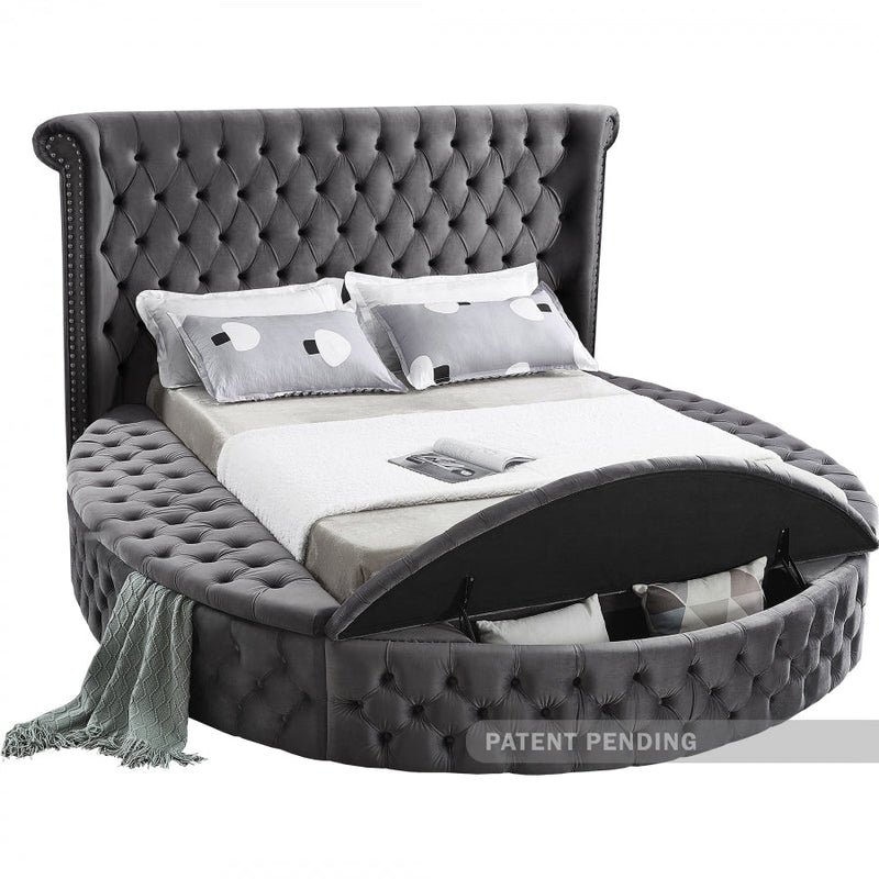 Luxus Velvet Queen Bed (3 Boxes) in Grey - Gate FurnitureQueen Bed