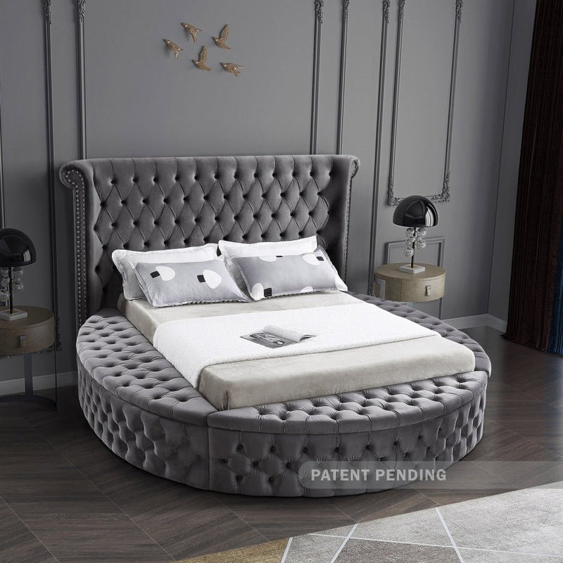 Luxus Velvet Queen Bed (3 Boxes) in Grey - Gate FurnitureQueen Bed