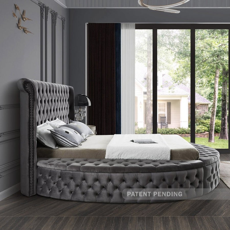 Luxus Velvet Queen Bed (3 Boxes) in Grey - Gate FurnitureQueen Bed