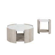 Lynda – White & Beige 3PC Coffee Table Set with Faux Marble Tops - T140-3PC-Set