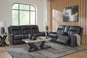 Mackmenville Reclining Sofa and Reclining Loveseat with Console in Carbon - PKG024853