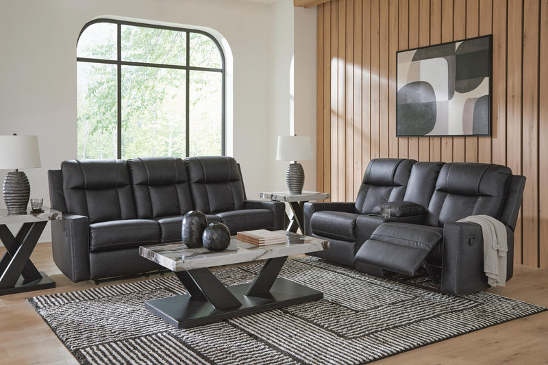 Mackmenville Reclining Sofa and Reclining Loveseat with Console in Carbon - PKG024853