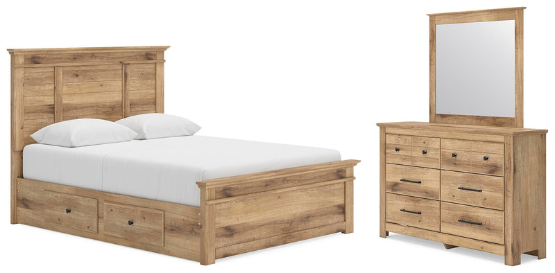 Makidern Queen Panel Bed with Storage, Dresser and Mirror - PCB1170B7
