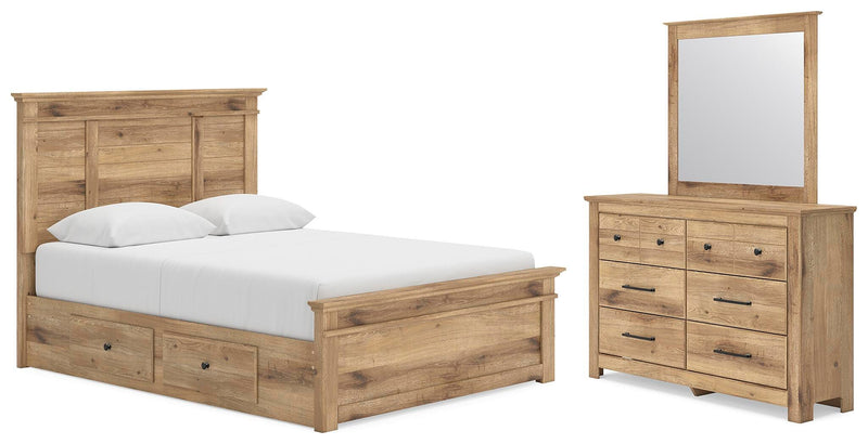 Makidern Queen Panel Bed with Storage, Dresser and Mirror - PCB1170B9