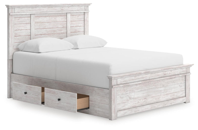 Makidern Whitewash Queen Panel Bed with Storage, Dresser and Mirror - PCB1171B6
