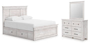 Makidern Whitewash Queen Panel Bed with Storage, Dresser and Mirror - PCB1171B6