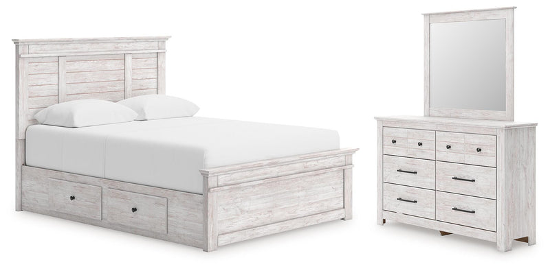 Makidern Whitewash Queen Panel Bed with Storage, Dresser and Mirror - PCB1171B6