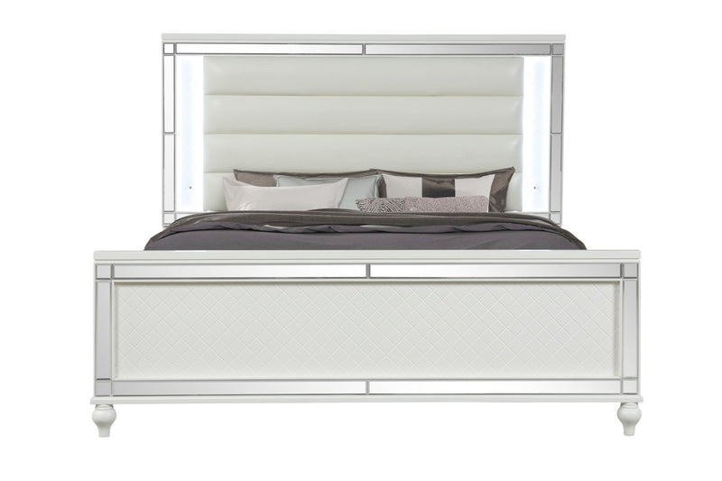 Malibu - White Panel King Bed with Upholstered Headboard and LED Light - B234-K-Bed