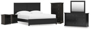 Maribel Black King Panel Bed, Dresser, Mirror, Chest, and 2 Nightstands - B138B63