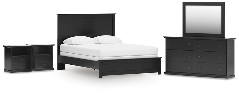 Maribel Black Queen Panel Bed with Dresser, Mirror and 2 Nightstands - B138B74